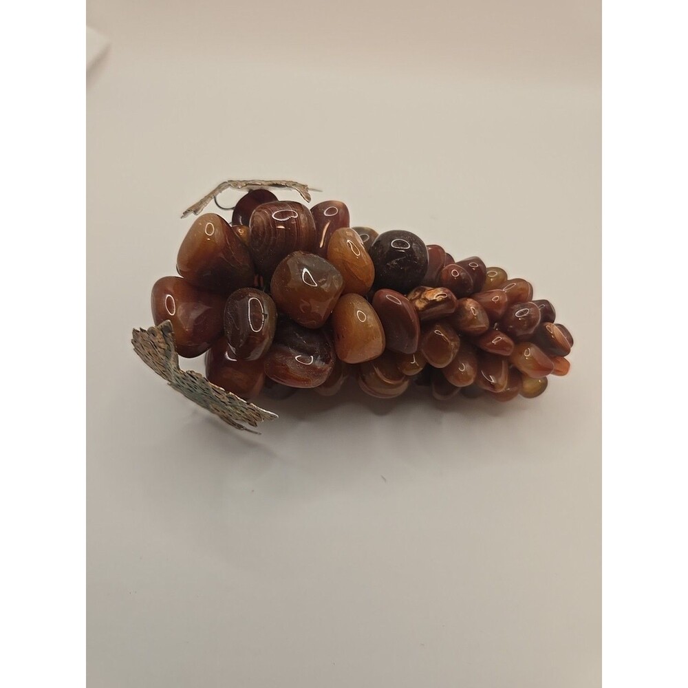 Vintage Mid-Century Carnelian Agate Grape Cluster Genuine Stones Bronze Leaf